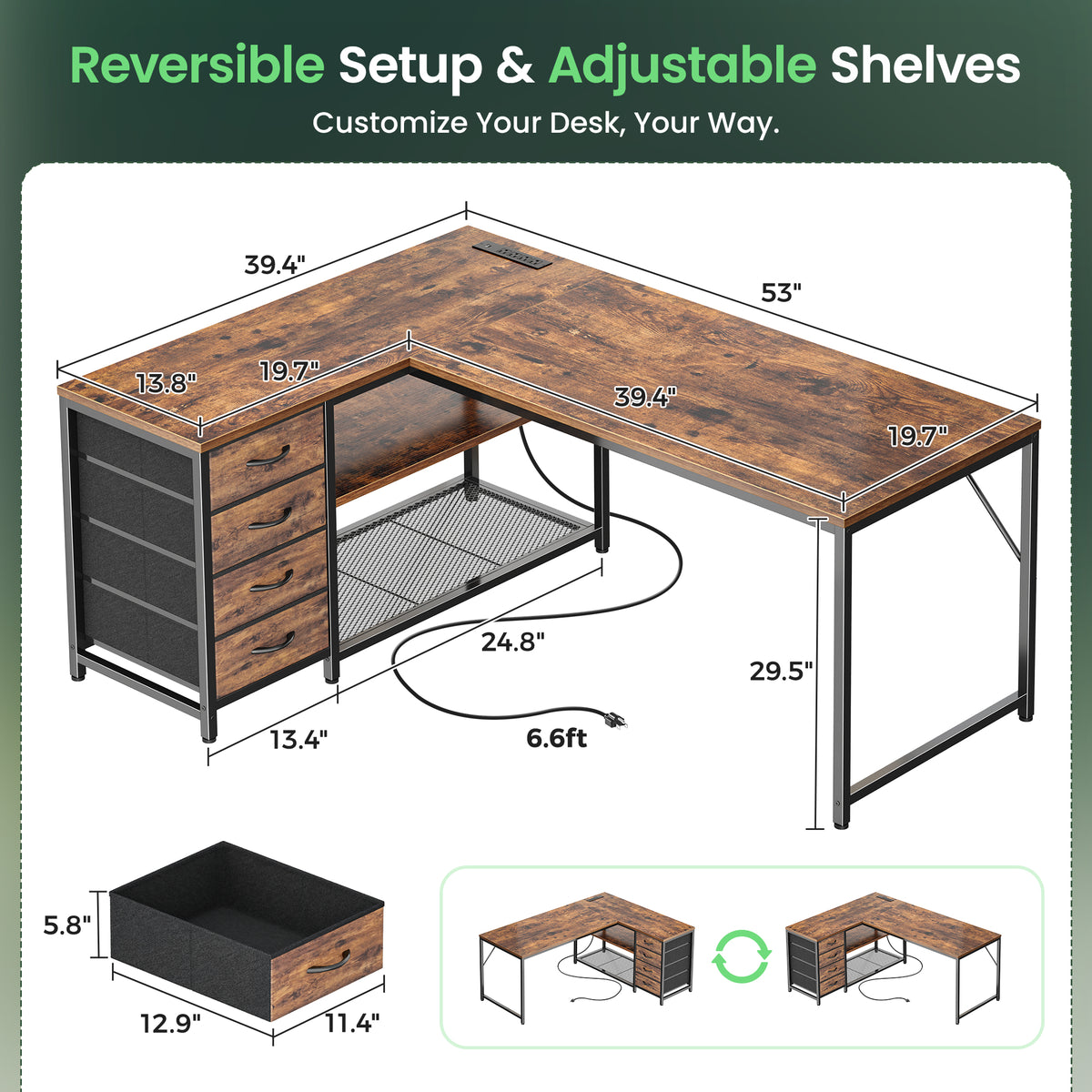 Amadwell 53 Inch L Shaped Desk with Power Outlets & Drawers, Reversible L-Shape Computer Desk, Brown