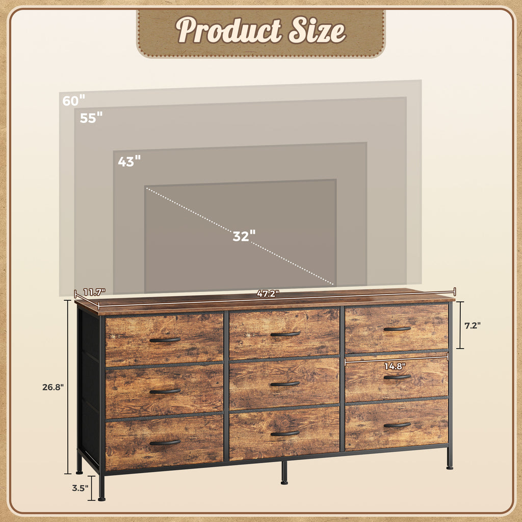 9 Drawer Bedroom Dresser with Storage, 47 Inch TV Stand for 50, 55 Inch TV, Fabric Chest for Closet, Red