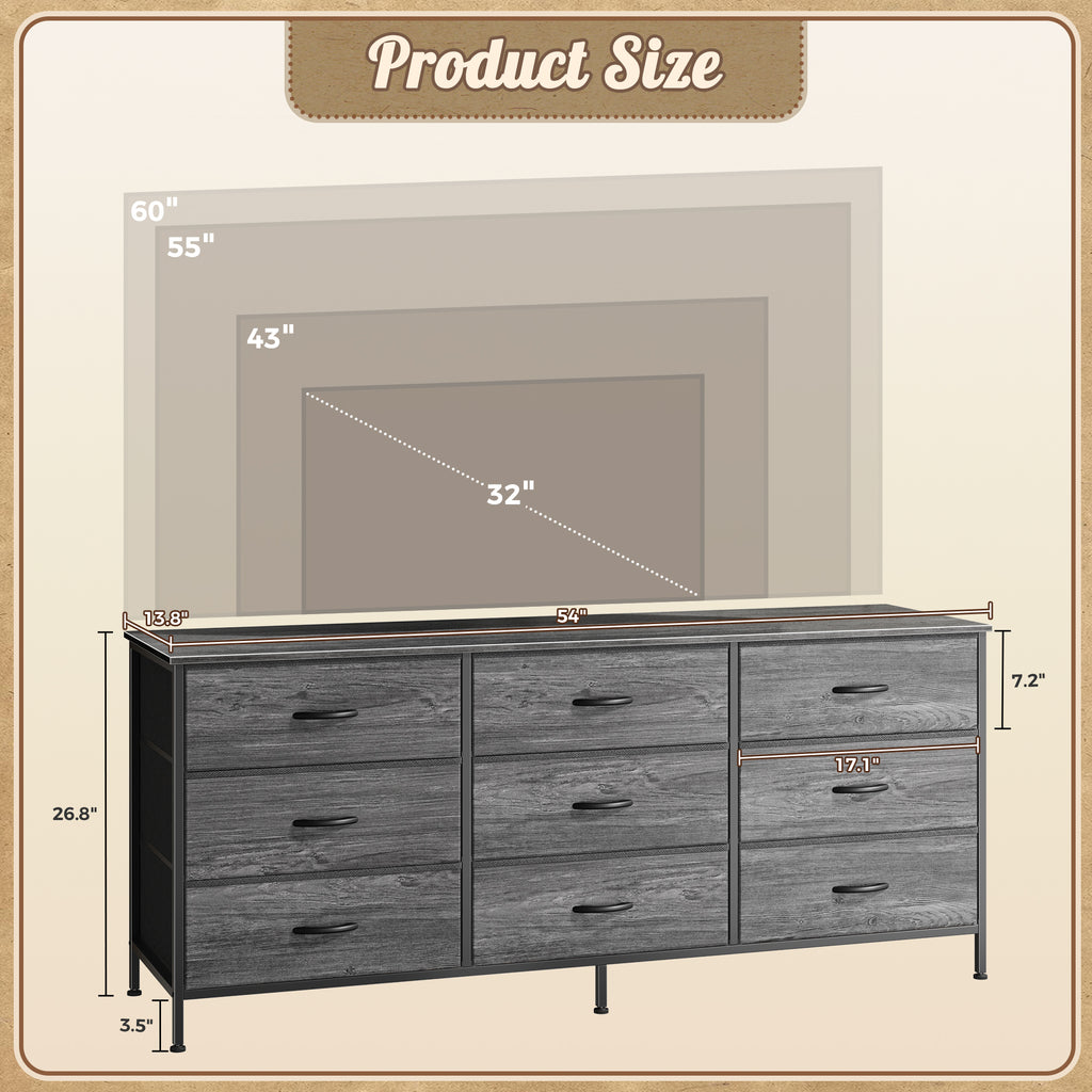 9 Drawer Bedroom Dresser with Storage, 55 Inch TV Stand for 55, 60 Inch TV, Fabric Chest for Closet, Gray