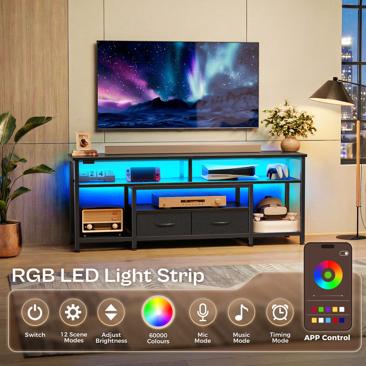 Amadwell 54" LED TV Stand for 55-60 Inch TVs, Entertainment Center with Power Outlets & Drawers, Rustic Brown