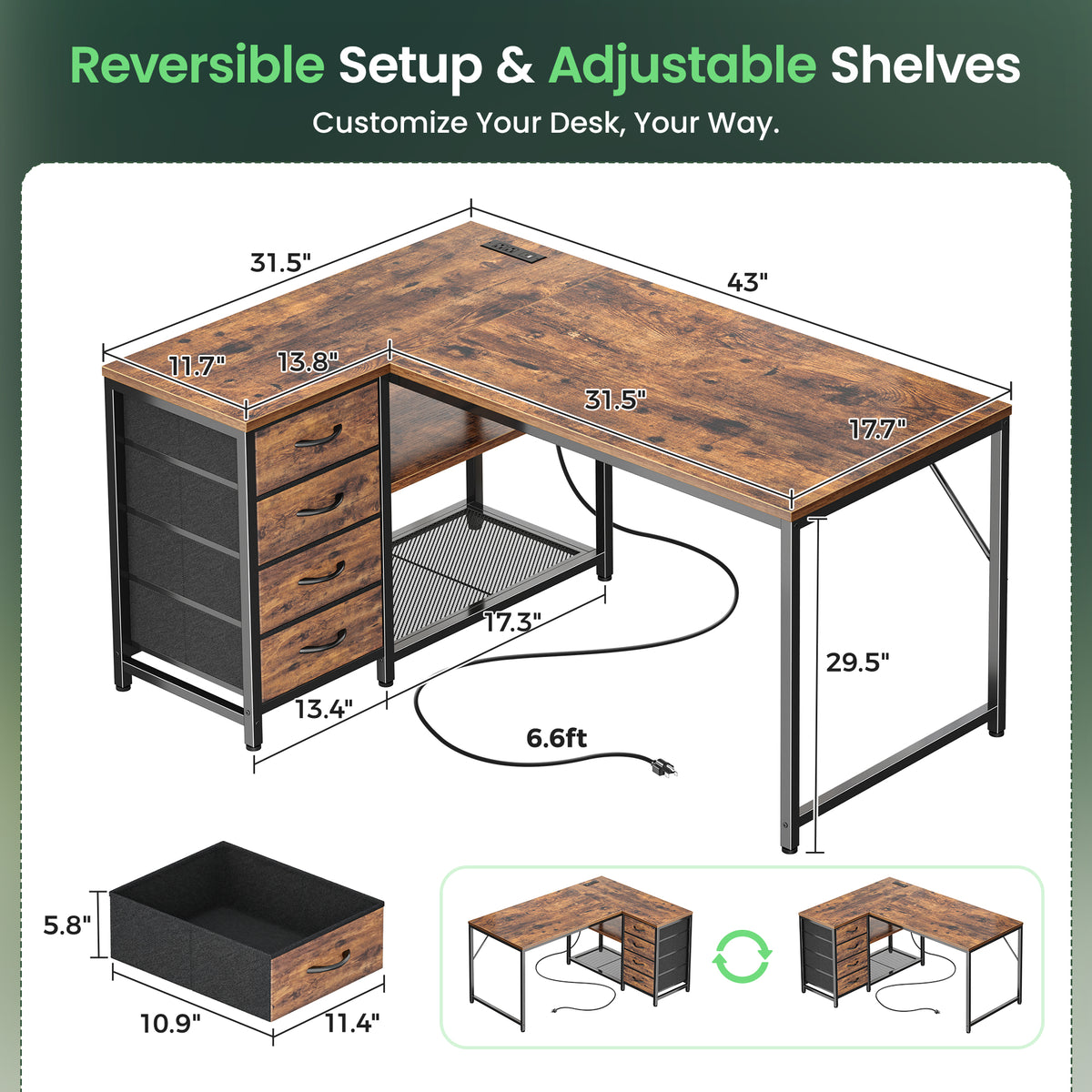 Amadwell 43 Inch L Shaped Desk with Power Outlets & Drawers, Reversible L-Shape Computer Desk, Brown