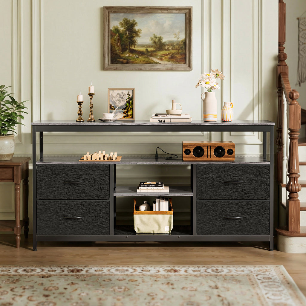 Amadwell TV Stand with Power Outlets & LED Lights, 4 Drawer Dresser Entertainment Center, Media Console with Open Shelf, Gray