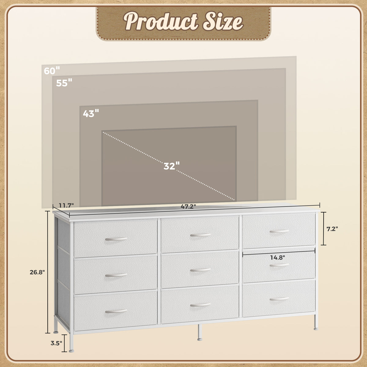 9 Drawer Bedroom Dresser with Storage, 47 Inch TV Stand for 50, 55 Inch TV, Fabric Chest for Closet, White