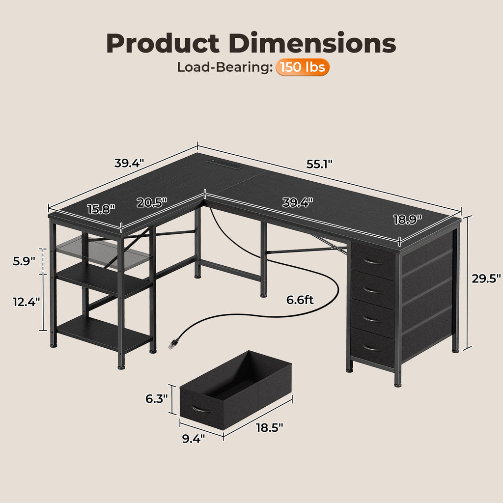 55 Inch L-Shaped Desk with Fabric Drawers, Reversible Home Office & Gaming Desk with Power Outlets, USB-C, and Adjustable Storage Shelves, Black
