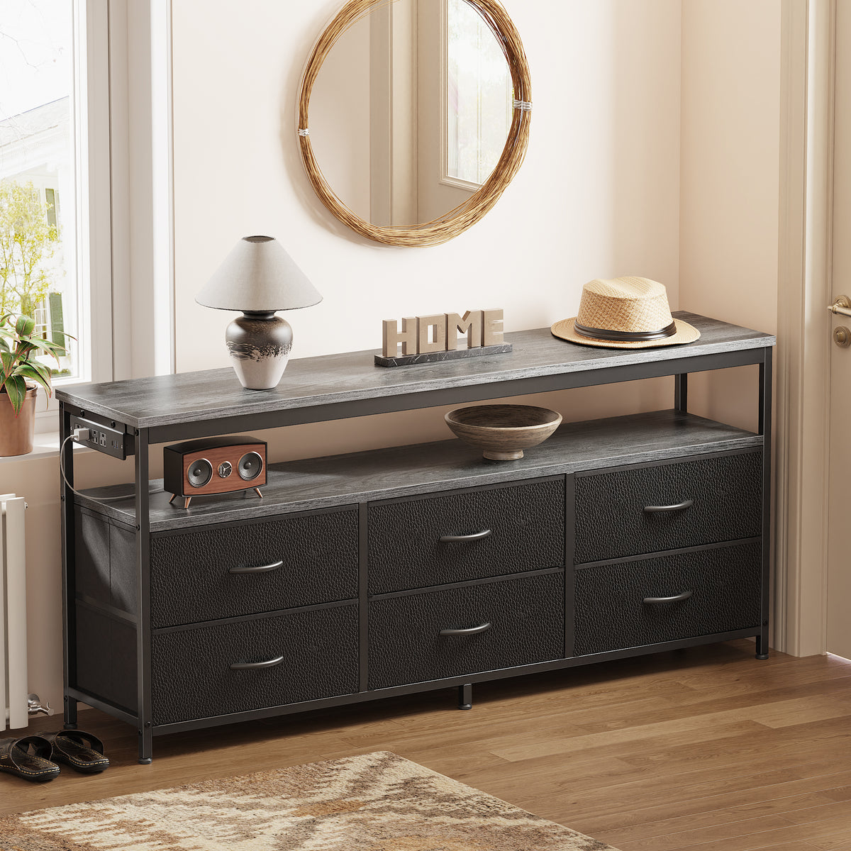 Amadwell 54 Inch LED TV Stand Dresser for 65 Inch TVs, 6 Drawer Entertainment Center with Power Outlets, Media Console with Storage, Gray