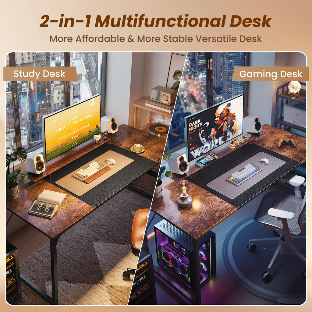 63" Computer Desk, Modern Office, Study & Gaming Desk with Storage, Large Legroom, Sturdy Metal Frame, Rustic Brown and Black
