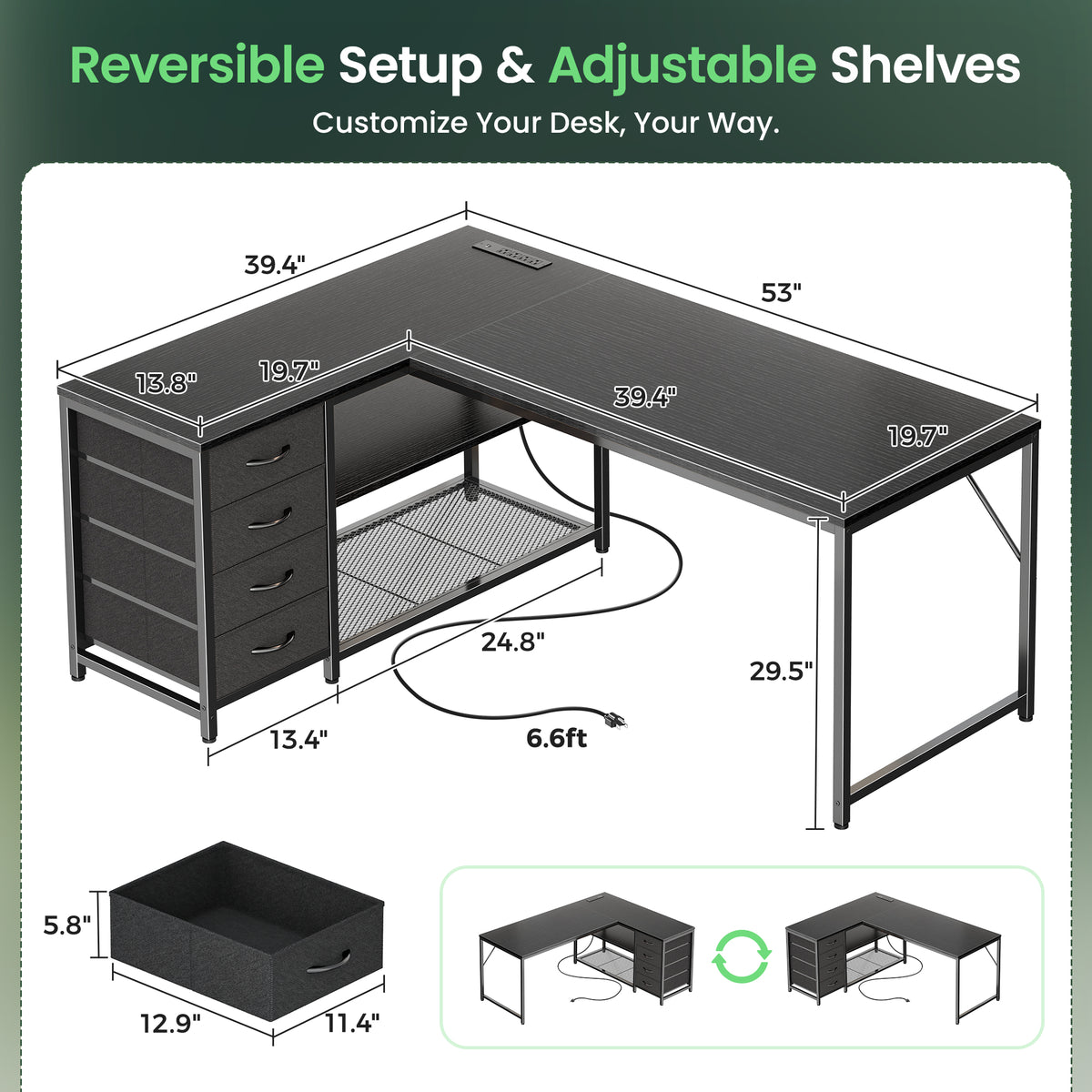 Amadwell 53 Inch L Shaped Desk with Power Outlets & Drawers, Reversible L-Shape Computer Desk, Black