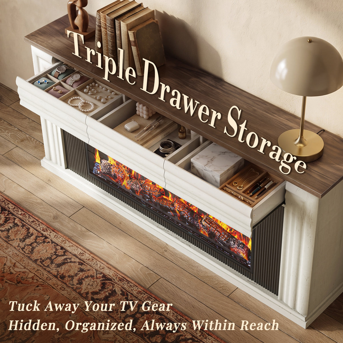 Amadwell 70'' Fireplace TV Stand for 65 75'' TV, Farmhouse TV Stand with 42'' Electric Fireplace, Entertainment Center TV Console for Living Room, 3 Storage Drawers & Fluted Design, Distressed White