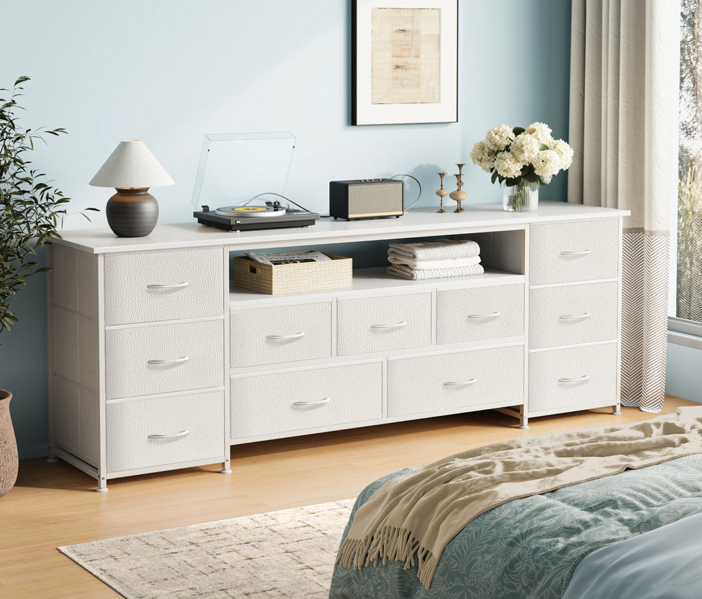 Amadwell Large TV Stand for 65, 70 Inch TVs, 11 Drawers with Power Outlets & LED Lights, 63 inch Entertainment Center, White