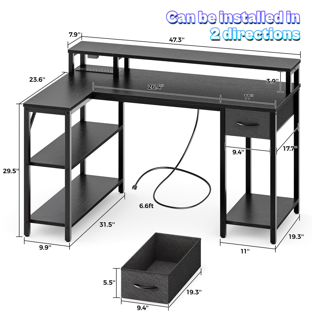 Amadwell 47 Inch L Shaped Desk with LED Strip, Corner Gaming Desk with Power Outlet, Drawer & Shelves, Black