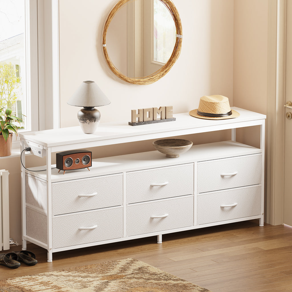 Amadwell 54 Inch LED TV Stand Dresser for 65 Inch TVs, 6 Drawer Entertainment Center with Power Outlets, Media Console with Storage, White