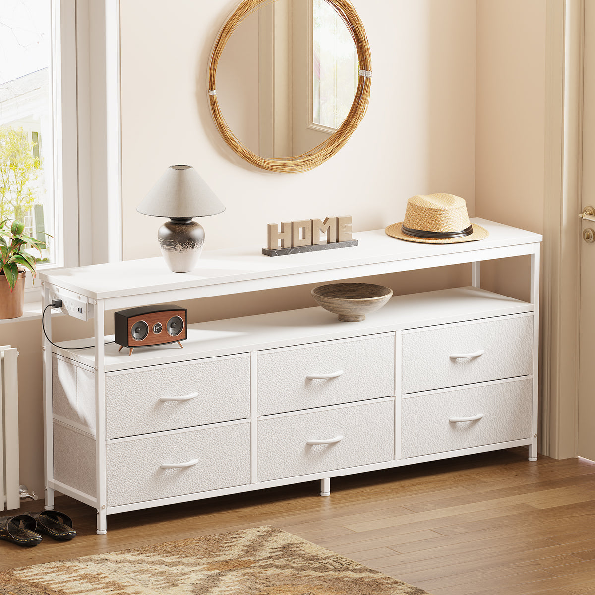 Amadwell 54 Inch LED TV Stand Dresser for 65 Inch TVs, 6 Drawer Entertainment Center with Power Outlets, Media Console with Storage, White