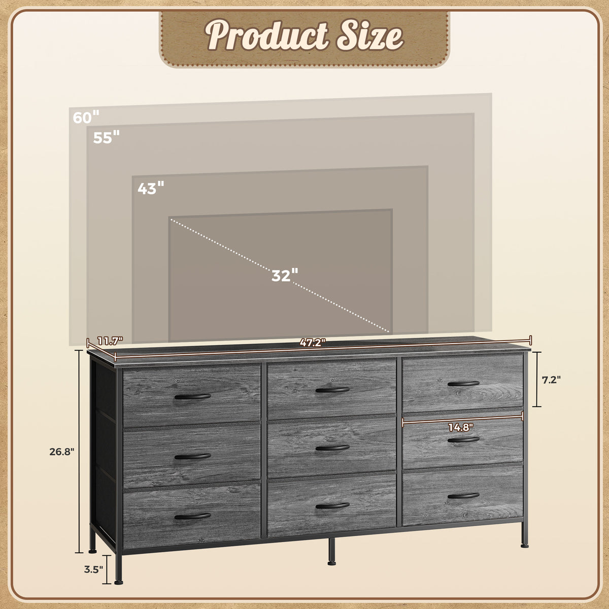 9 Drawer Bedroom Dresser with Storage, 47 Inch TV Stand for 50, 55 Inch TV, Fabric Chest for Closet, Gray