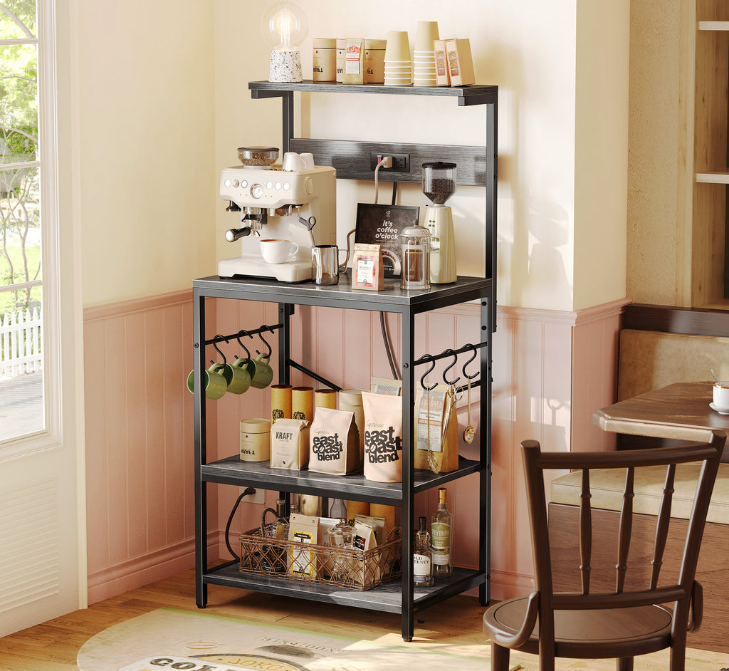 Amadwell 4-Tier Kitchen Storage Shelf Organizer Bakers Rack with Power Outlets, Coffee Bar & Microwave Stand, Gray