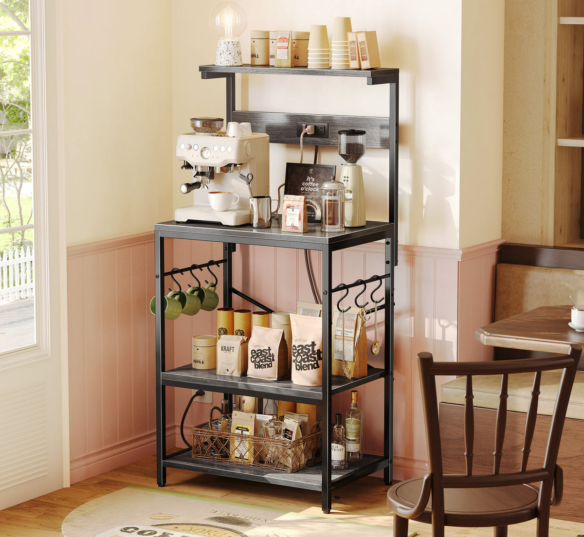 Amadwell 4-Tier Kitchen Storage Shelf Organizer Bakers Rack with Power Outlets, Coffee Bar & Microwave Stand, Gray