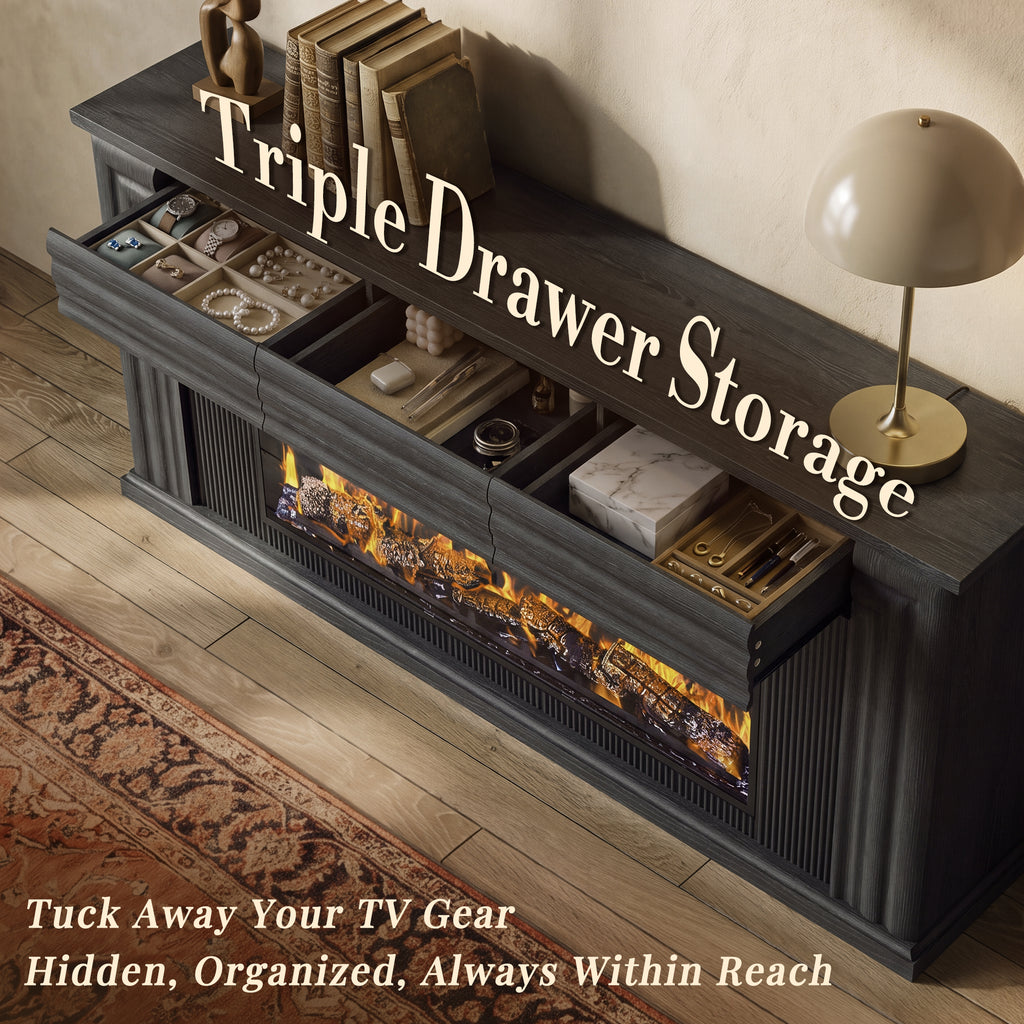 Amadwell 70'' Fireplace TV Stand for 65 75'' TV, Farmhouse TV Stand with 42'' Electric Fireplace, Entertainment Center TV Console for Living Room, 3 Storage Drawers & Fluted Design, Black