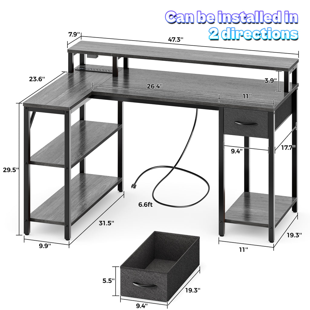 Amadwell 47 Inch L Shaped Desk with LED Strip, Corner Gaming Desk with Power Outlet, Drawer & Shelves, Gray