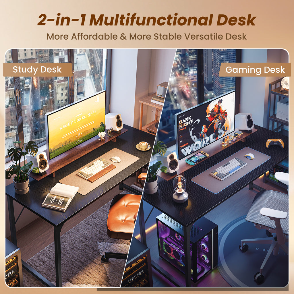 54" Computer Desk, Modern Office, Study & Gaming Desk with Storage, Large Legroom, Sturdy Metal Frame, Black