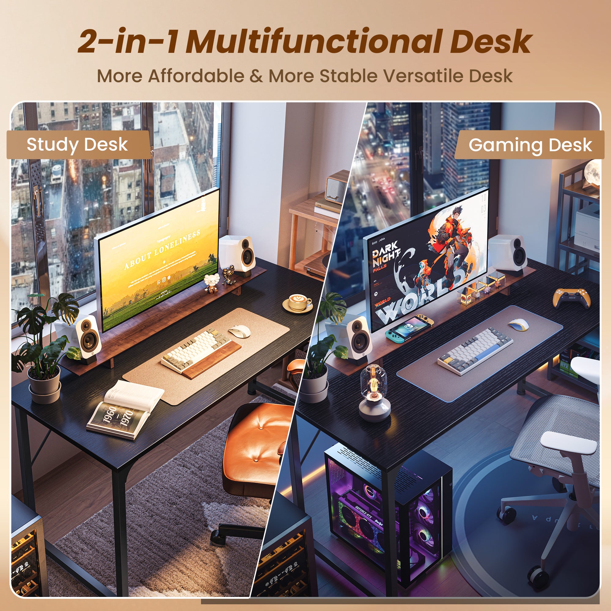 54" Computer Desk, Modern Office, Study & Gaming Desk with Storage, Large Legroom, Sturdy Metal Frame, Black