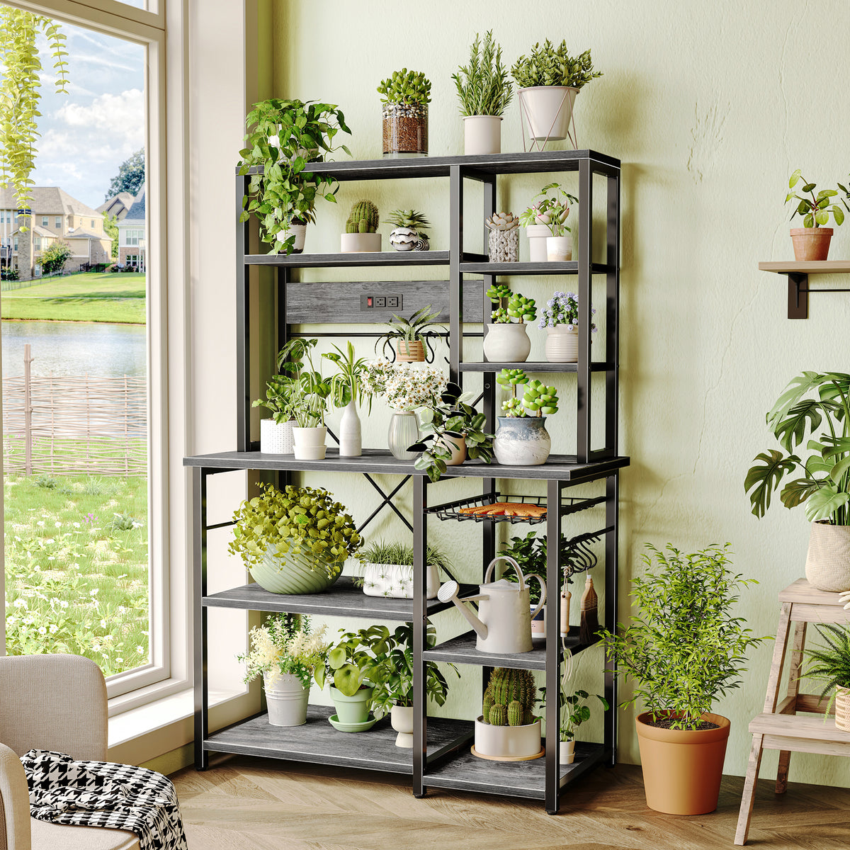 Amadwell 39.4" Large Bakers Rack, 6-Tier Microwave Stand with Power Outlets, Kitchen Shelf with Wire Basket, Gray