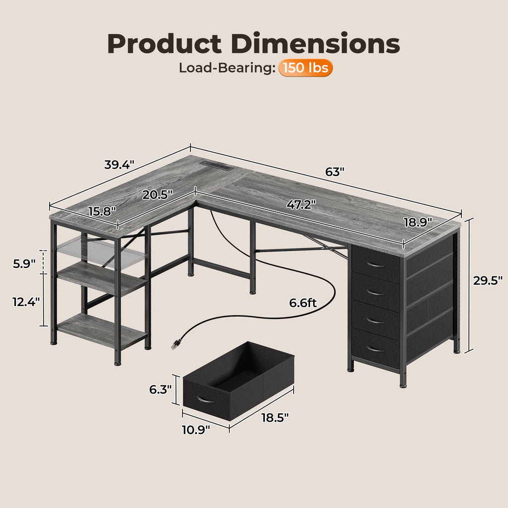 63 Inch L-Shaped Desk with Fabric Drawers, Reversible Home Office & Gaming Desk with Power Outlets, USB-C, and Adjustable Storage Shelves, Black