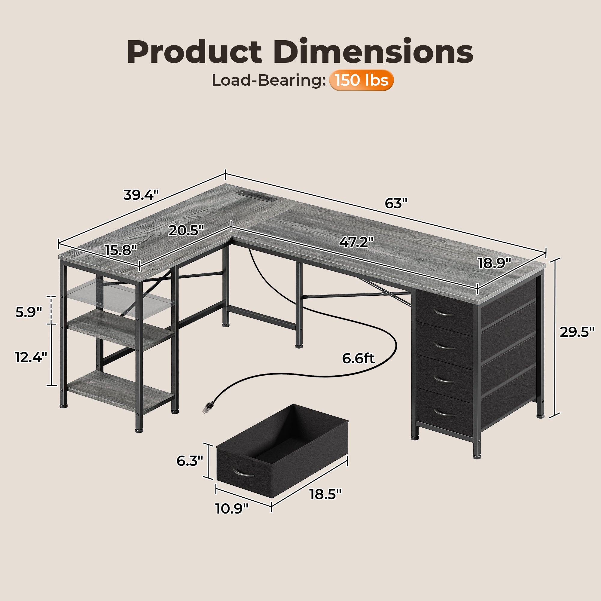 63 Inch L-Shaped Desk with Fabric Drawers, Reversible Home Office & Gaming Desk with Power Outlets, USB-C, and Adjustable Storage Shelves, Black