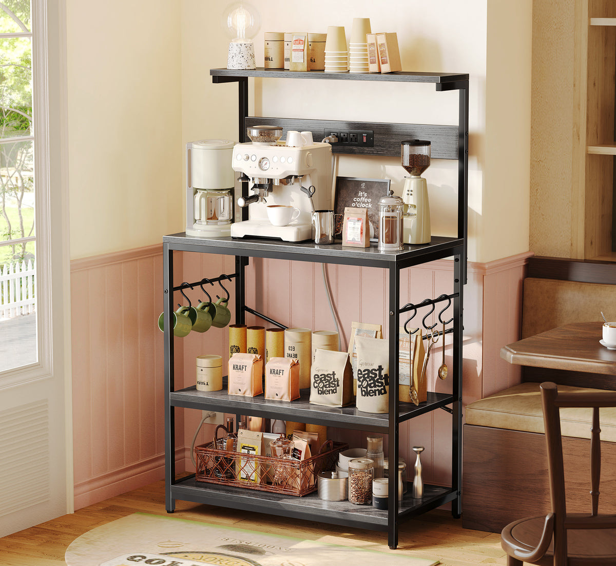 Amadwell Kitchen Bakers Rack with Power Outlets, 31.5" Large Microwave Stand, Coffee Bar Station, Gray