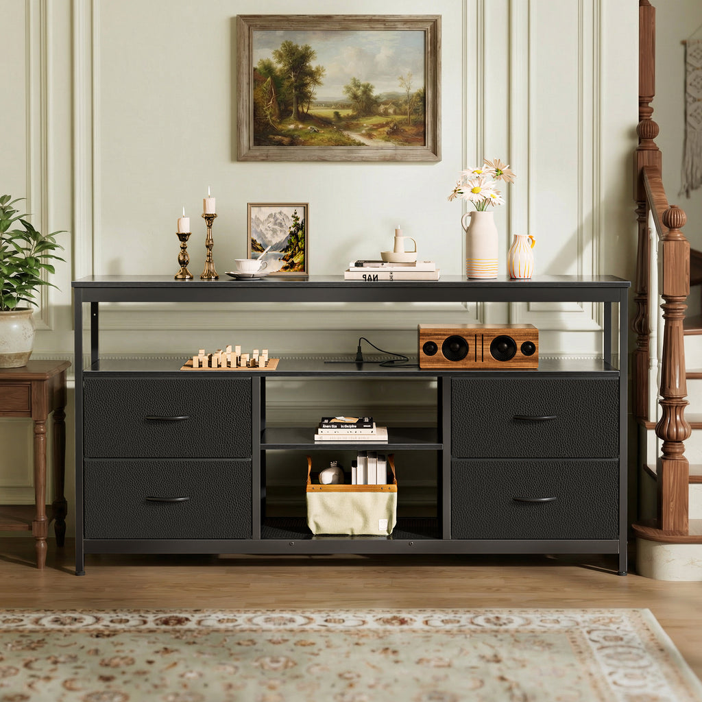 Amadwell TV Stand with Power Outlets & LED Lights, 4 Drawer Dresser Entertainment Center, Media Console with Open Shelf, Black