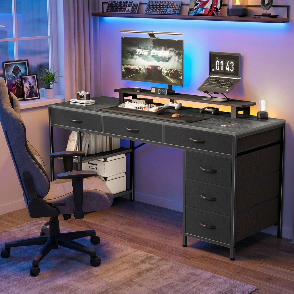 Amadwell 47" Desk with Drawers & Storage, Office Desk with Reversible Shelves, Gaming Computer Desk, Grey
