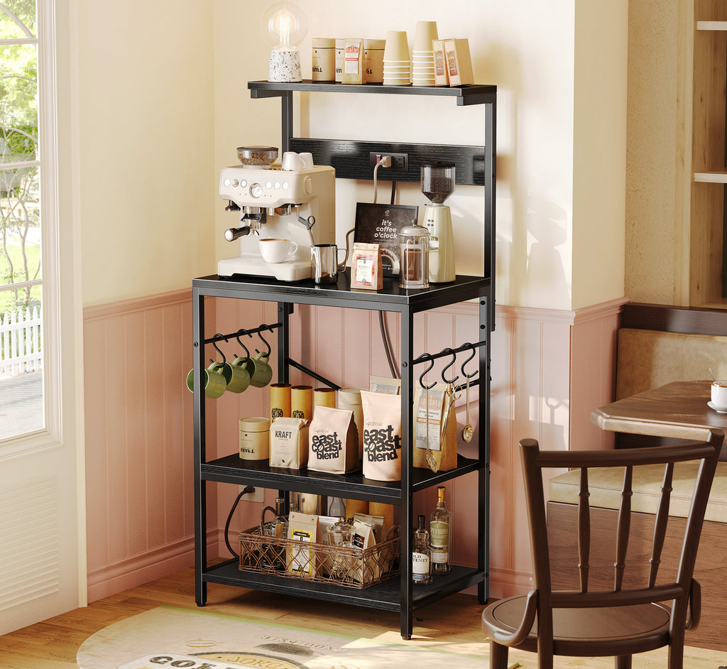 Amadwell 4-Tier Kitchen Storage Shelf Organizer Bakers Rack with Power Outlets, Coffee Bar & Microwave Stand, All Black