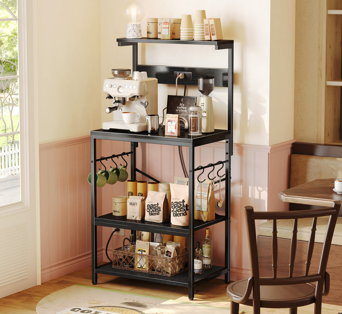 Amadwell 4-Tier Kitchen Storage Shelf Organizer Bakers Rack with Power Outlets, Coffee Bar & Microwave Stand, All Black