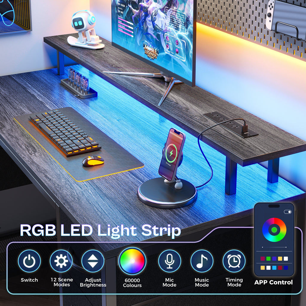 Amadwell 47" Gaming Computer Desk with LED Lights, Power Outlets, Home Office Writing Desk with 4 Drawers, Gray