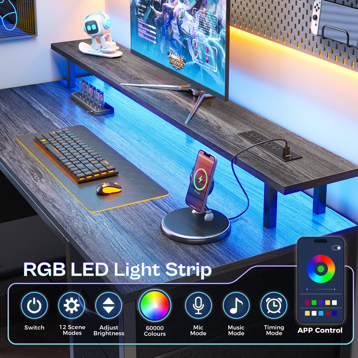 Amadwell 47" Gaming Computer Desk with LED Lights, Power Outlets, Home Office Writing Desk with 4 Drawers, Gray