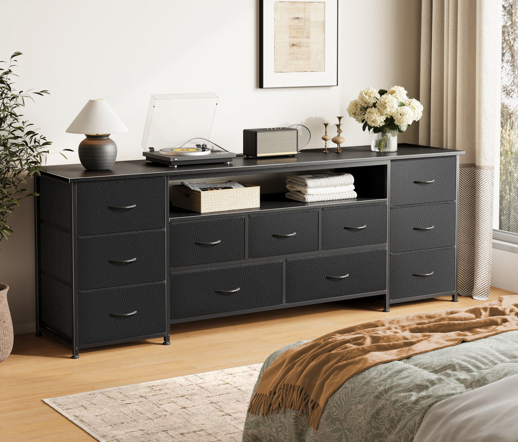 Amadwell Large TV Stand for 65, 70 Inch TVs, 11 Drawers with Power Outlets & LED Lights, 63 inch Entertainment Center, Black