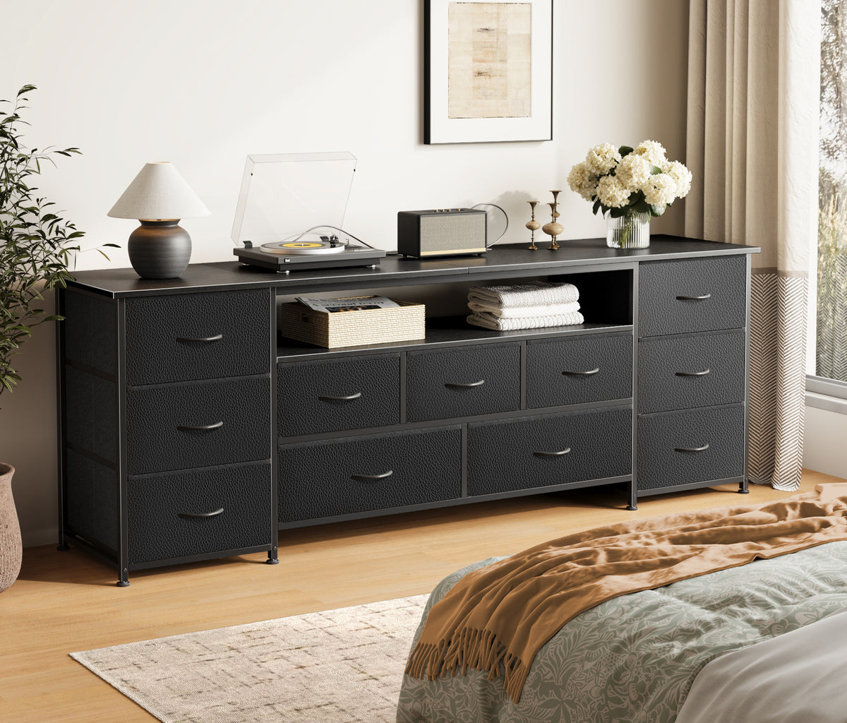 Amadwell Large TV Stand for 65, 70 Inch TVs, 11 Drawers with Power Outlets & LED Lights, 63 inch Entertainment Center, Black