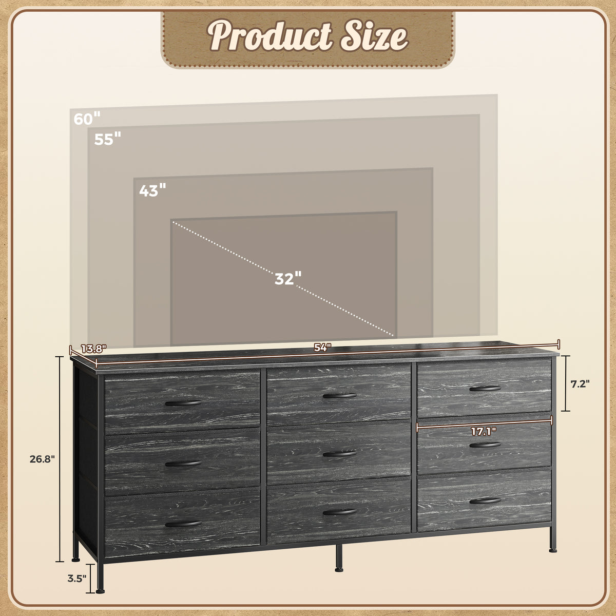 9 Drawer Bedroom Dresser with Storage, 55 Inch TV Stand for 55, 60 Inch TV, Fabric Chest for Closet, Charcoal Black Wood Grain Print