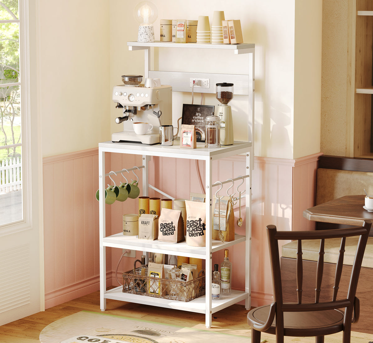 Amadwell 4-Tier Kitchen Storage Shelf Organizer Bakers Rack with Power Outlets, Coffee Bar & Microwave Stand, White