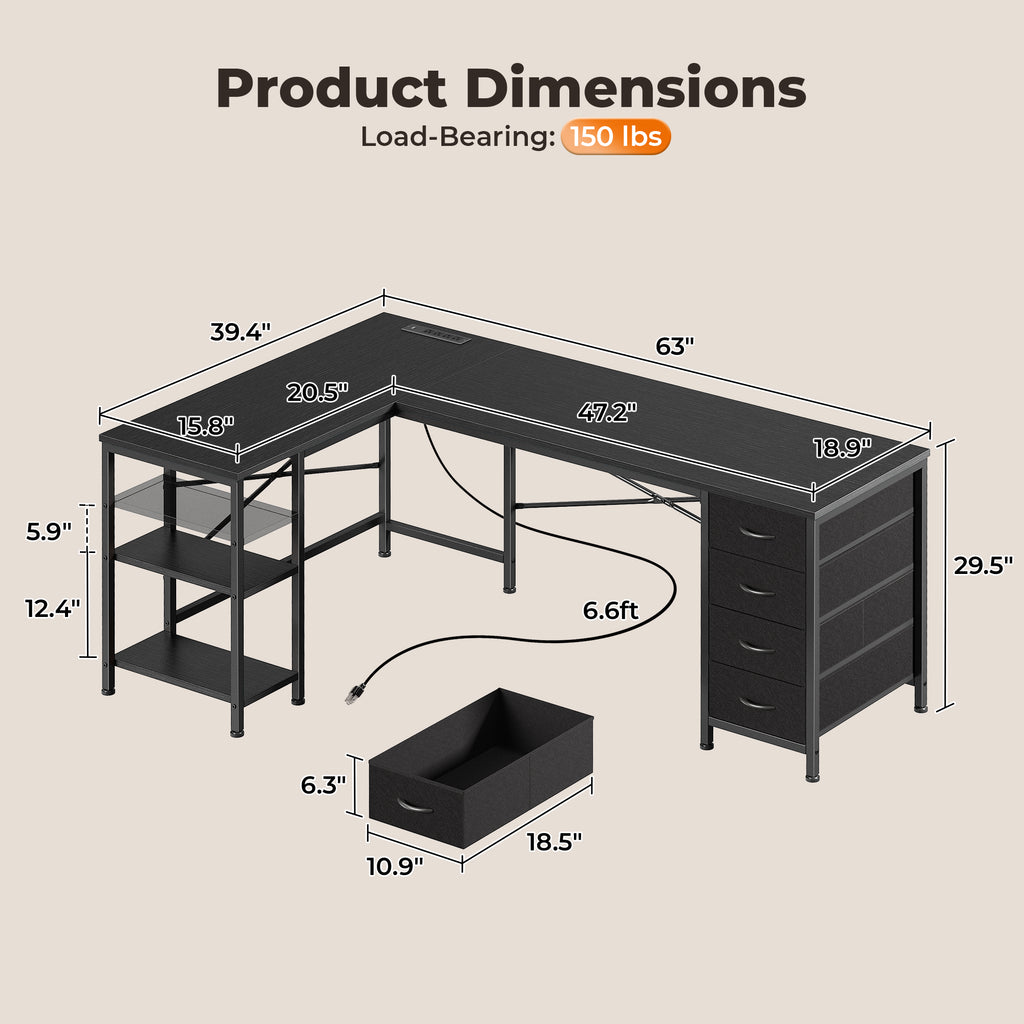 63 Inch L-Shaped Desk with Fabric Drawers, Reversible Home Office & Gaming Desk with Power Outlets, USB-C, and Adjustable Storage Shelves, Black