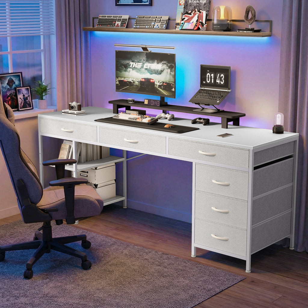 Amadwell 54" Desk with Drawers & Storage, Office Desk with Reversible Shelves, Gaming Computer Desk, White