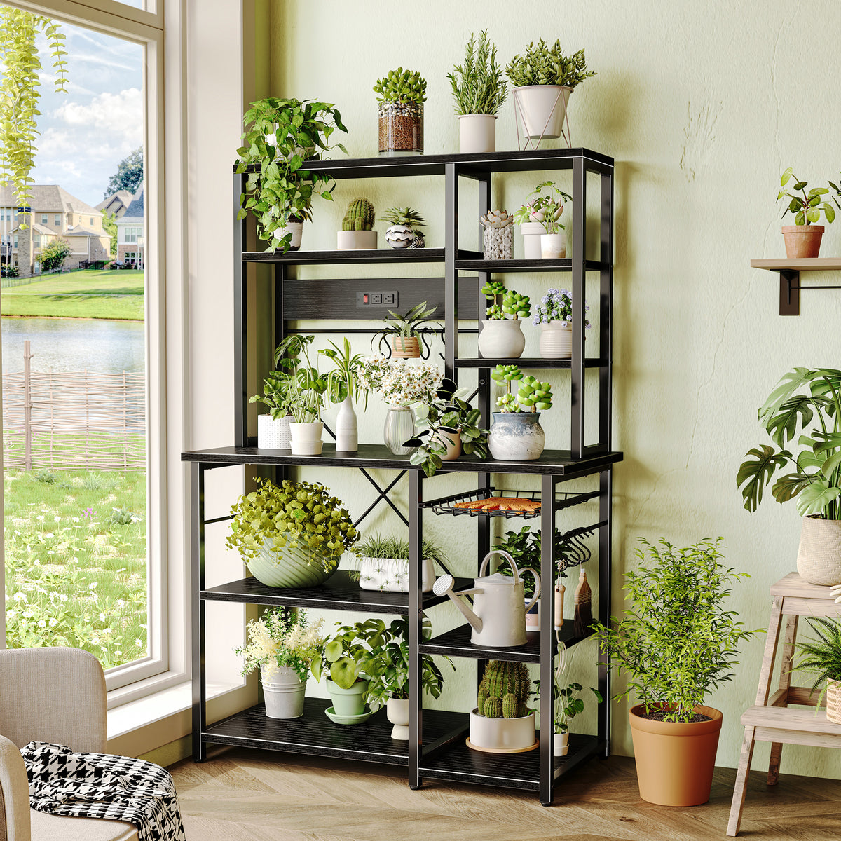 Amadwell 39.4" Large Bakers Rack, 6-Tier Microwave Stand with Power Outlets, Kitchen Shelf with Wire Basket, Black