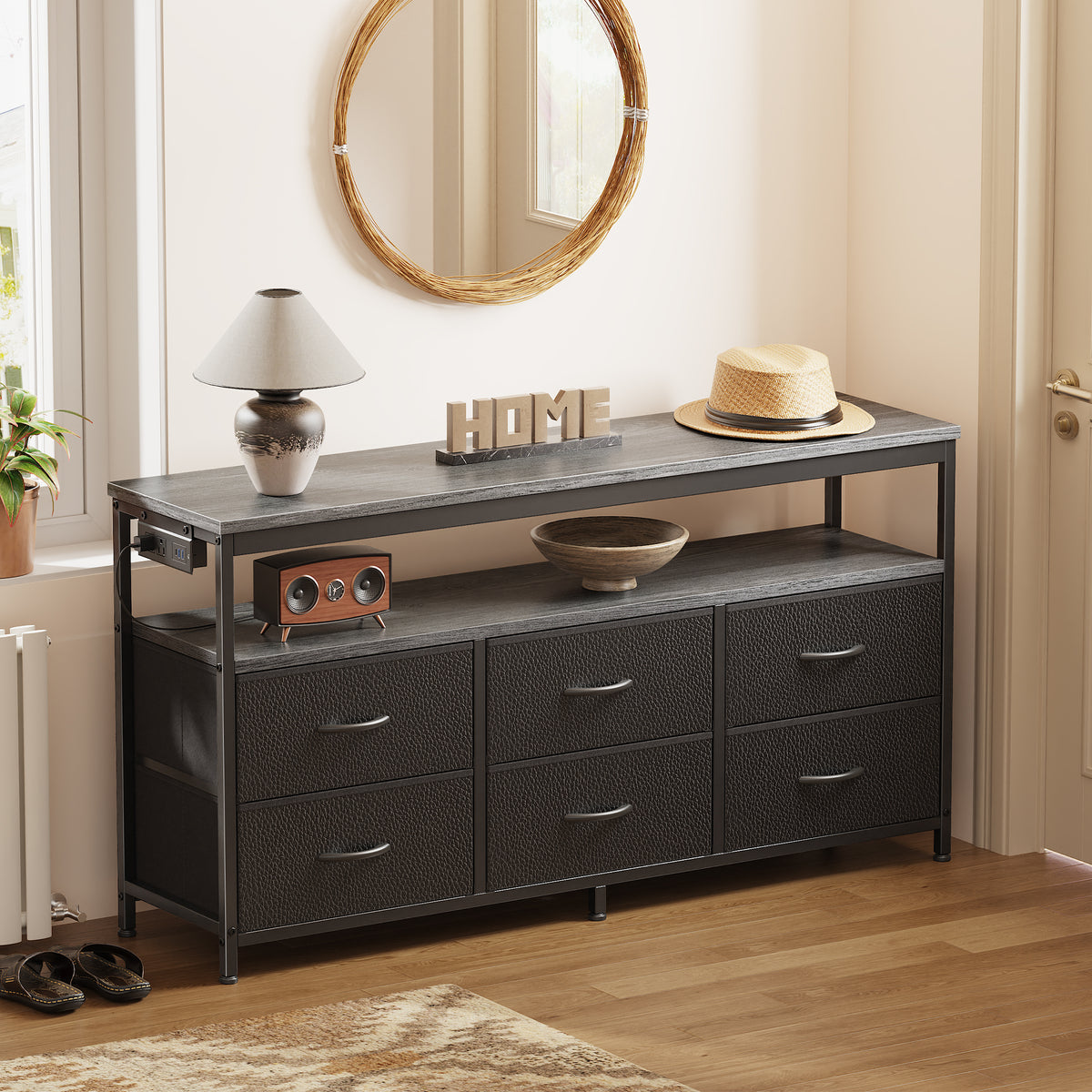 Amadwell 47 Inch LED TV Stand Dresser for 55 Inch TVs, 6 Drawer Entertainment Center with Power Outlets, Media Console with Storage, Gray