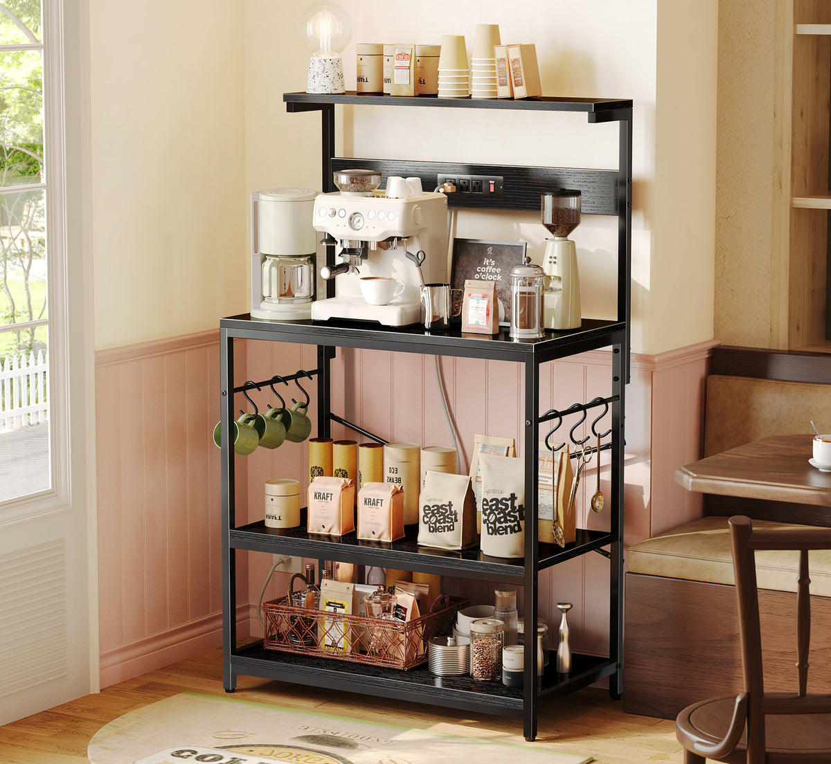 Amadwell Kitchen Bakers Rack with Power Outlets, 31.5" Large Microwave Stand, Coffee Bar Station, Black