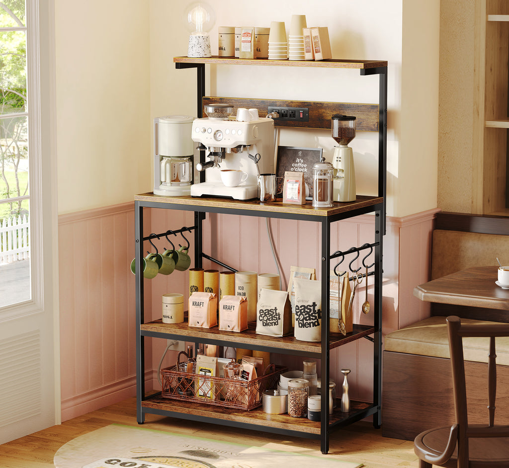 Amadwell Kitchen Bakers Rack with Power Outlets, 31.5" Large Microwave Stand, Coffee Bar Station, Brown