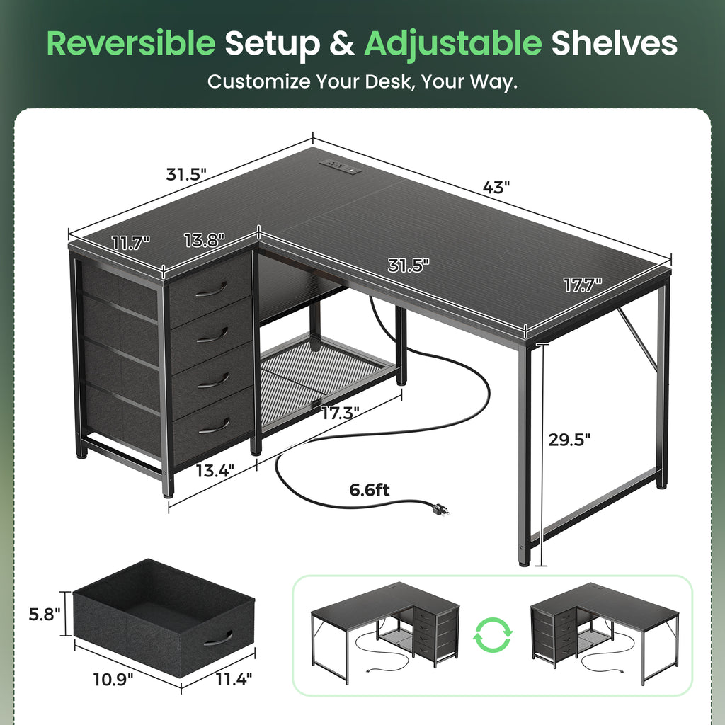 Amadwell 43 Inch L Shaped Desk with Power Outlets & Drawers, Reversible L-Shape Computer Desk, Black