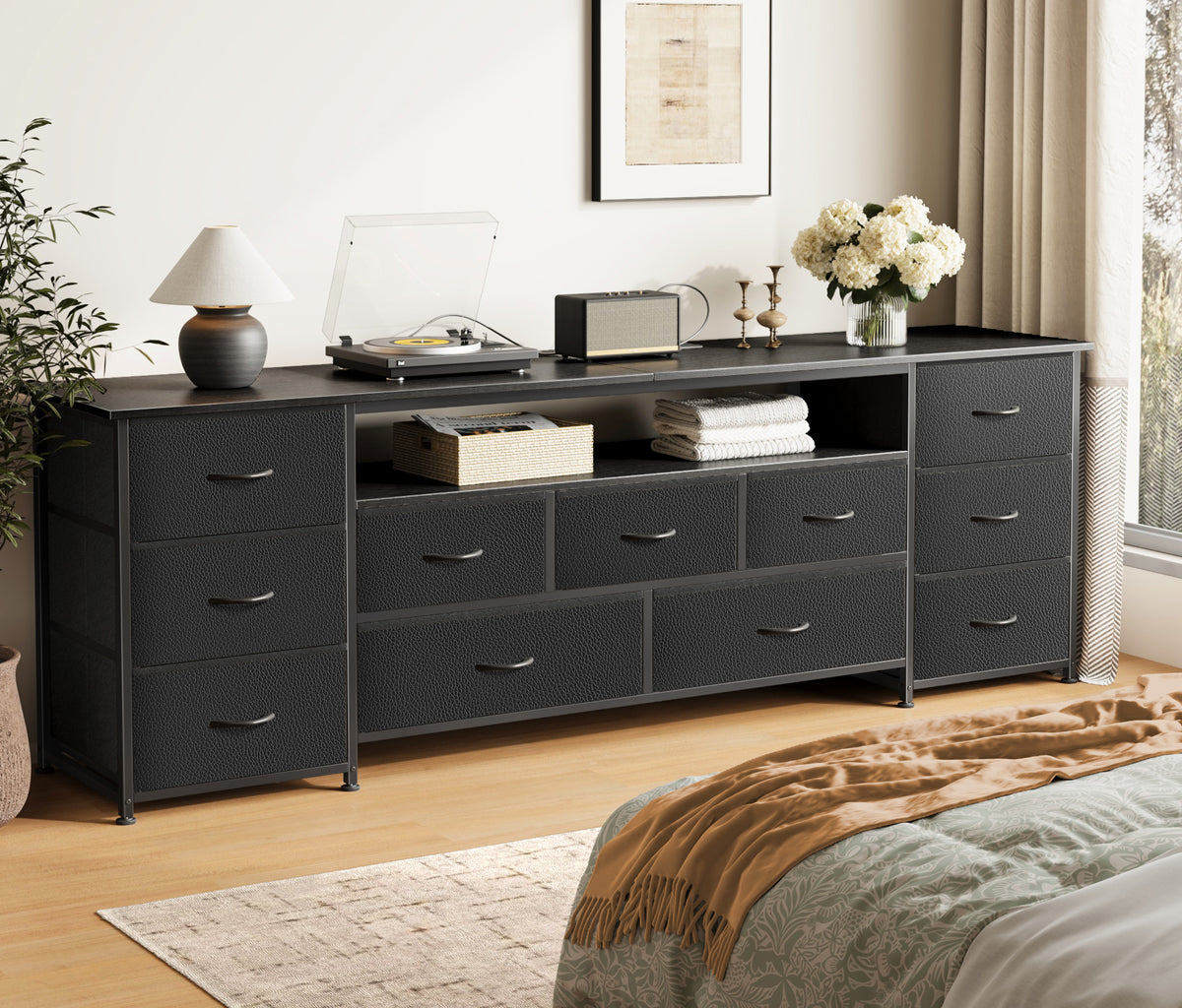 Amadwell Large TV Stand for 75, 80 Inch TVs, 11 Drawers with Power Outlets & LED Lights, 70 inch Entertainment Center