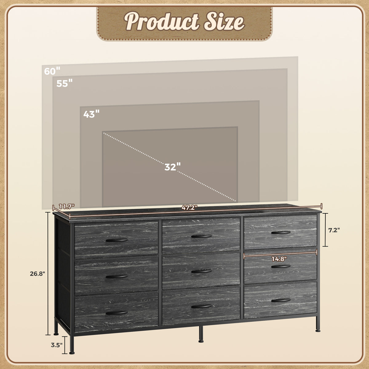 9 Drawer Bedroom Dresser with Storage, 47 Inch TV Stand for 50, 55 Inch TV, Fabric Chest for Closet, Charcoal Black Wood Grain Print