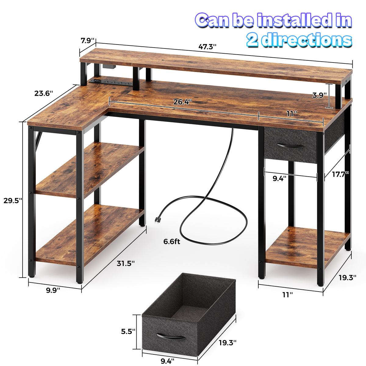 Amadwell 47 Inch L Shaped Desk with LED Strip, Corner Gaming Desk with Power Outlet, Drawer & Shelves, Brown