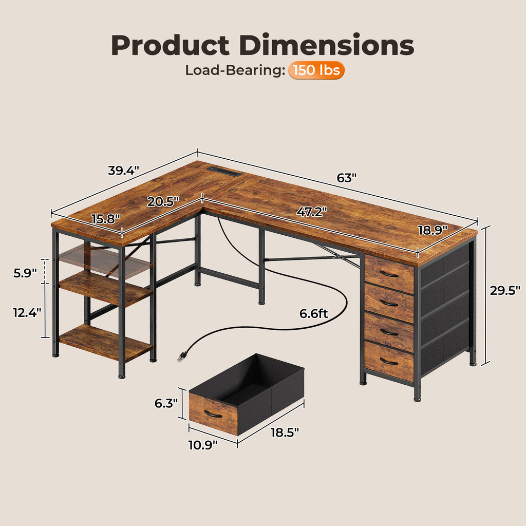 63 Inch L-Shaped Desk with Fabric Drawers, Reversible Home Office & Gaming Desk with Power Outlets, USB-C, and Adjustable Storage Shelves, Brown