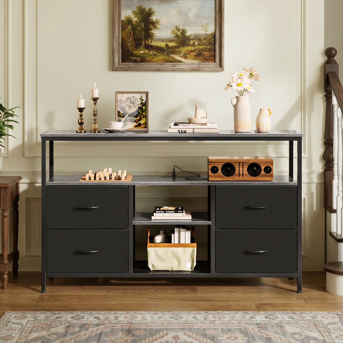 Amadwell TV Stand with Power Outlets & LED Lights, 4 Drawer Dresser Entertainment Center, Media Console with Open Shelf, Gray