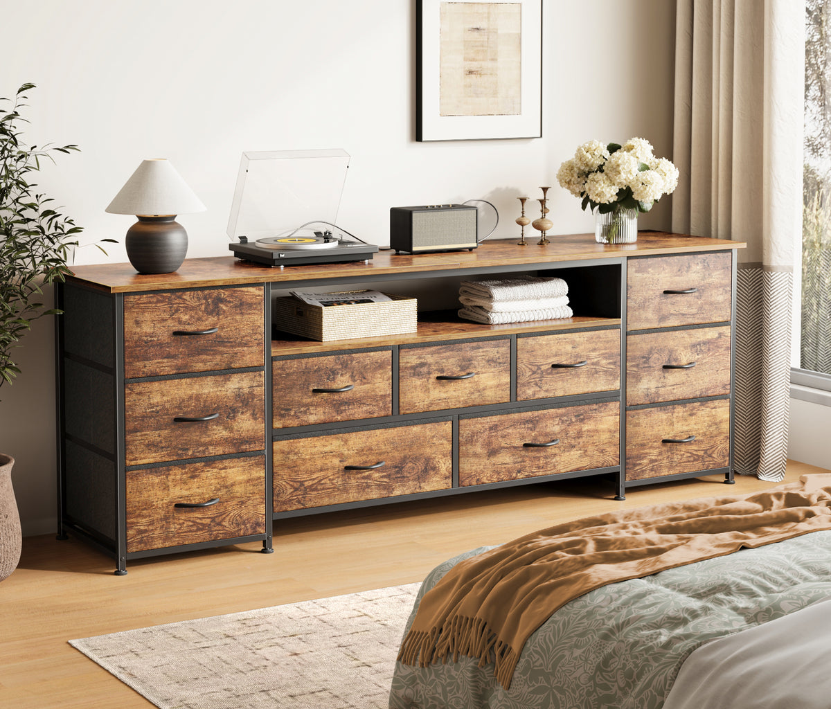 Amadwell Large TV Stand for 65, 70 Inch TVs, 11 Drawers with Power Outlets & LED Lights, 63 inch Entertainment Center, Brown